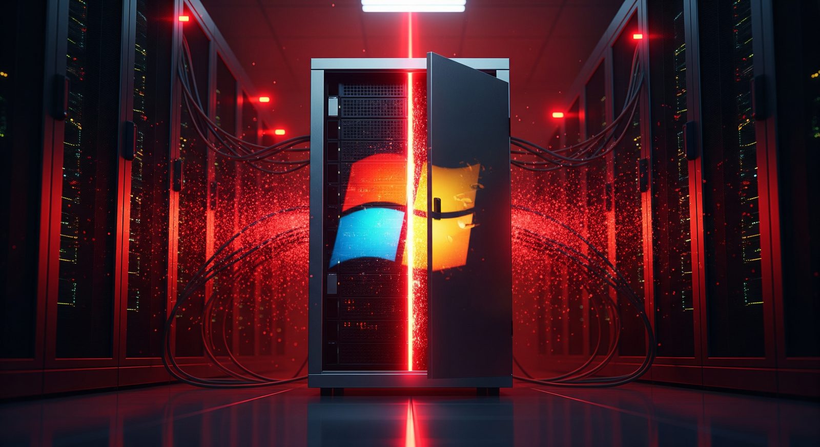 Servidor Windows com a porta frontal entreaberta, por onde penetram raios de luz vermelha simbolizando uma invasão digital em curso. O logo do Windows aparece distorcido e pulsando em vermelho sobre o chassi metálico, em um data center escuro com iluminação de emergência, transmitindo a gravidade de uma vulnerabilidade crítica sendo explorada ativamente.